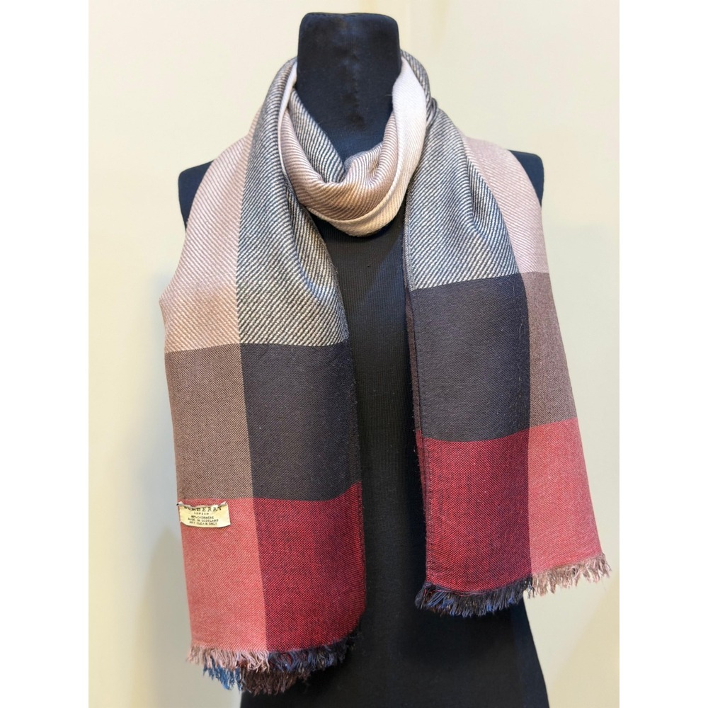 Burberry London 100% Cashmere Scarf Made in Scotland Red Navy Tan Plaid Wrap